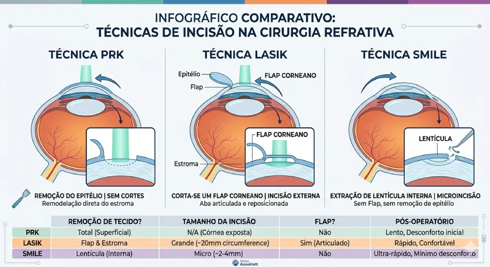 Cirurgia ocular a laser: PRK, LASIK ou SMILE? Compare já 1 Infográfico comparativo mostrando esquematicamente as diferenças de incisão entre as técnicas de cirurgia refrativa PRK, LASIK e SMILE.