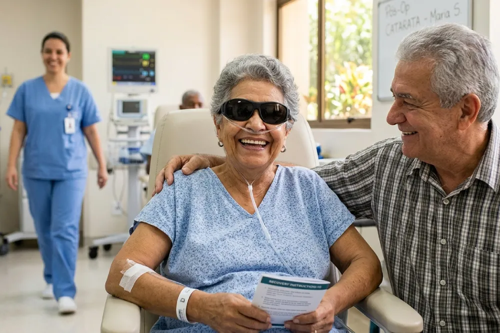 Paciente idoso sorridente usando óculos de sol protetores após realizar com sucesso a cirurgia de catarata.