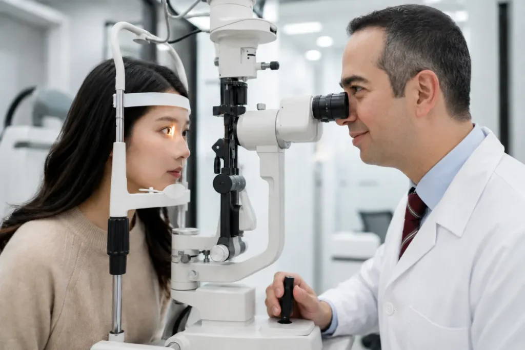 Cirurgia de Miopia: Guia Completo Sobre Preço, Recuperação, Riscos e Resultados 1 Oftalmologista avaliando paciente antes da cirurgia de miopia