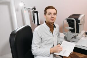 Home 30 Optometrist at work in clinic with vision test equipment and open book.
